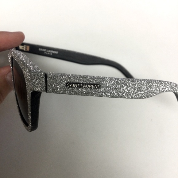 SAINT LAURENT YSL SILVER GLITTER BLACK LEATHER SUNGLASSES SL51 051 NWOT - Picture 6 of 14